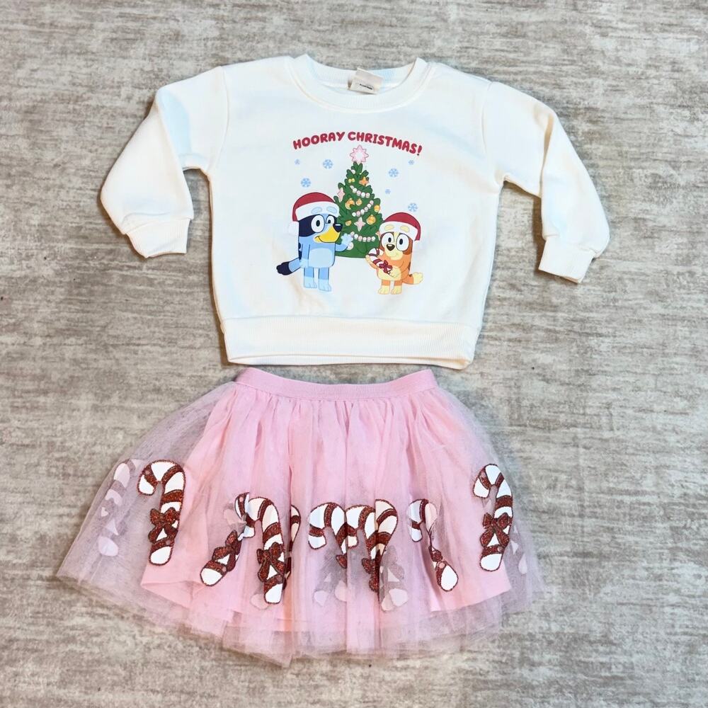 Bluey Girls 2T Sweatshirt Tulle Skirt Set Hooray Christmas Holiday Candy Cane